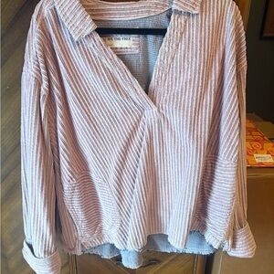 We The Free Blush Pink Striped Ribbed V-Neck Pullover